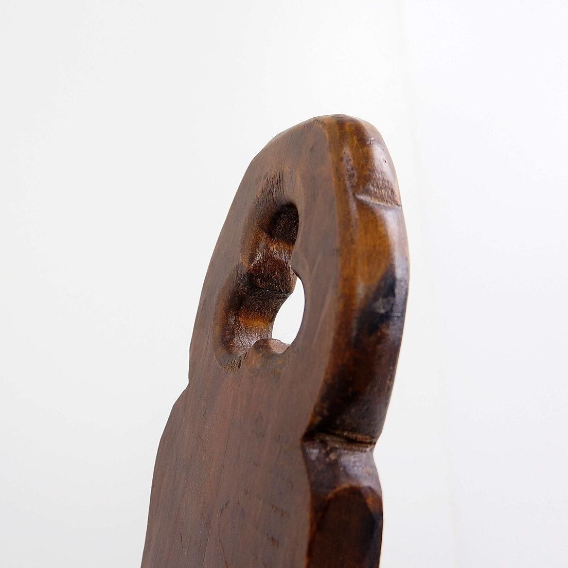 Furniture Primitive French Wooden Carved Tripod Chair, Wabi Sabi Style, Early 20th Century photo