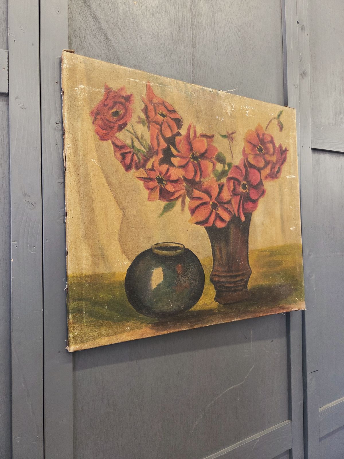 Antique French Oil Painting On Canvas   Still Life photo furniture