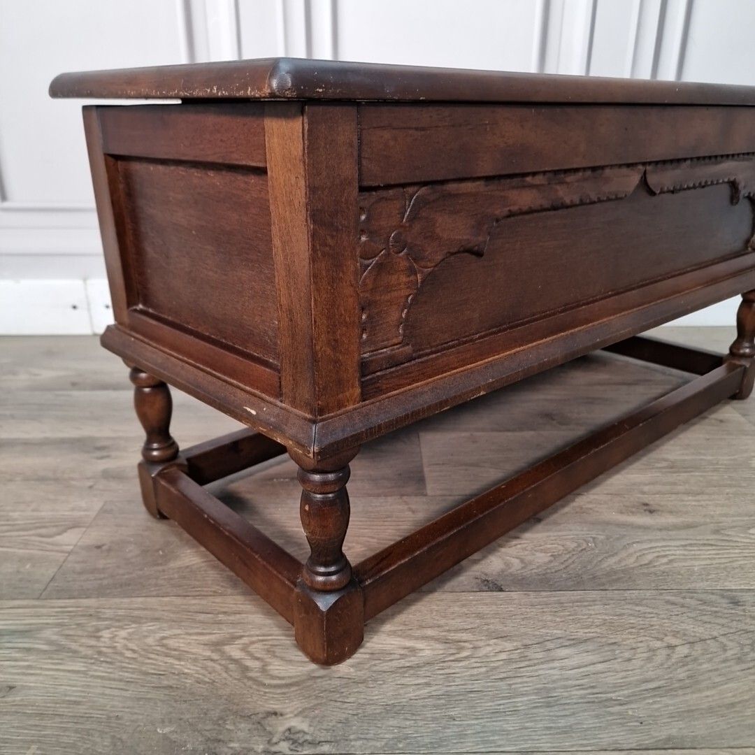 photo for sale Antique Wooden Carved Blanket Box Mule Chest Trunk Table On Turned Stand Oak