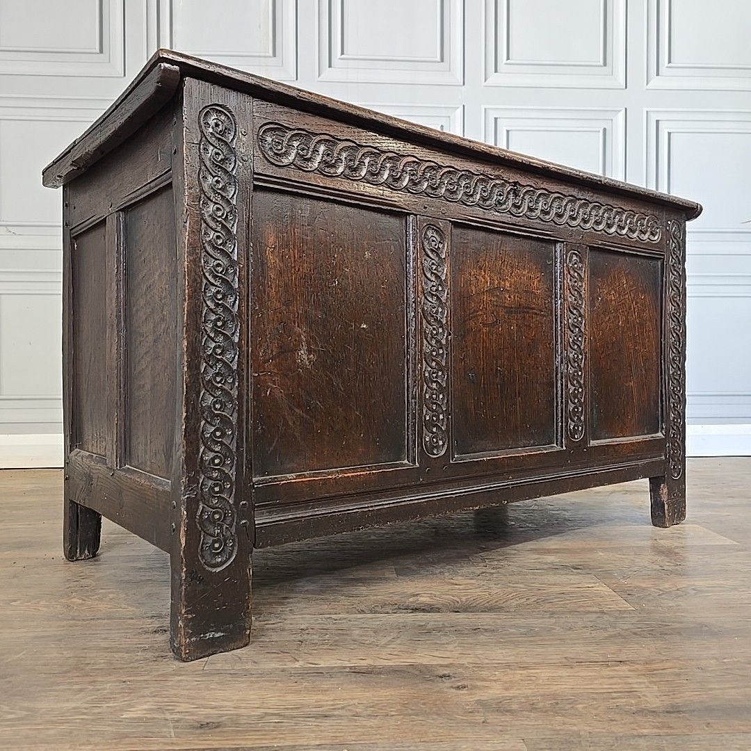 Antique Coffer Blanket Box Trunk Oak – Carved Guilloche Panels – 18th Century
