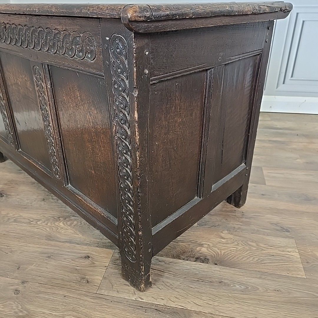 photo buy Antique Coffer Blanket Box Trunk Oak – Carved Guilloche Panels – 18th Century