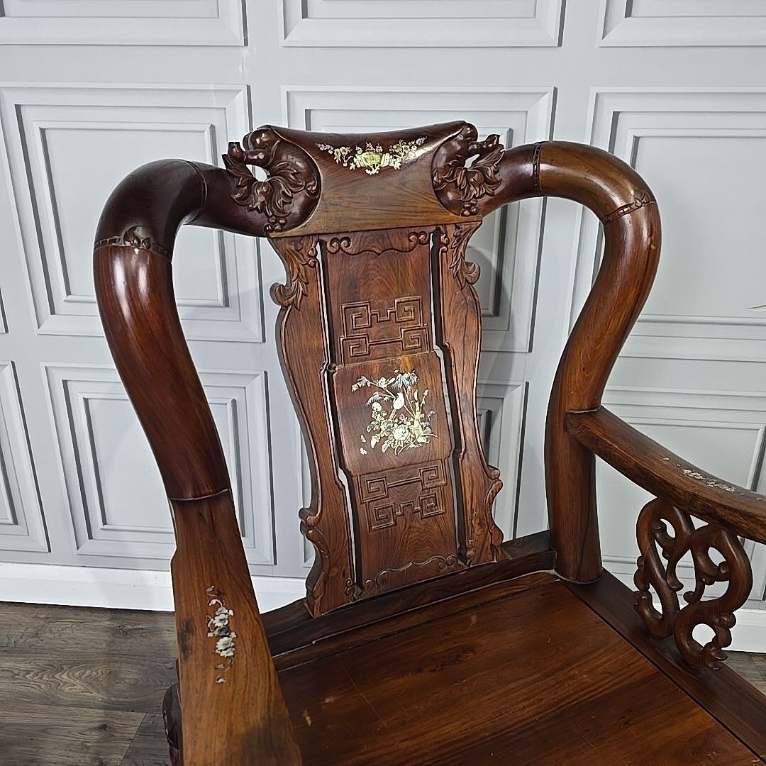 Antique Chinese Arm Chair Oriental Carved Heavy Rosewood Throne Mother Pearl photo 690.0