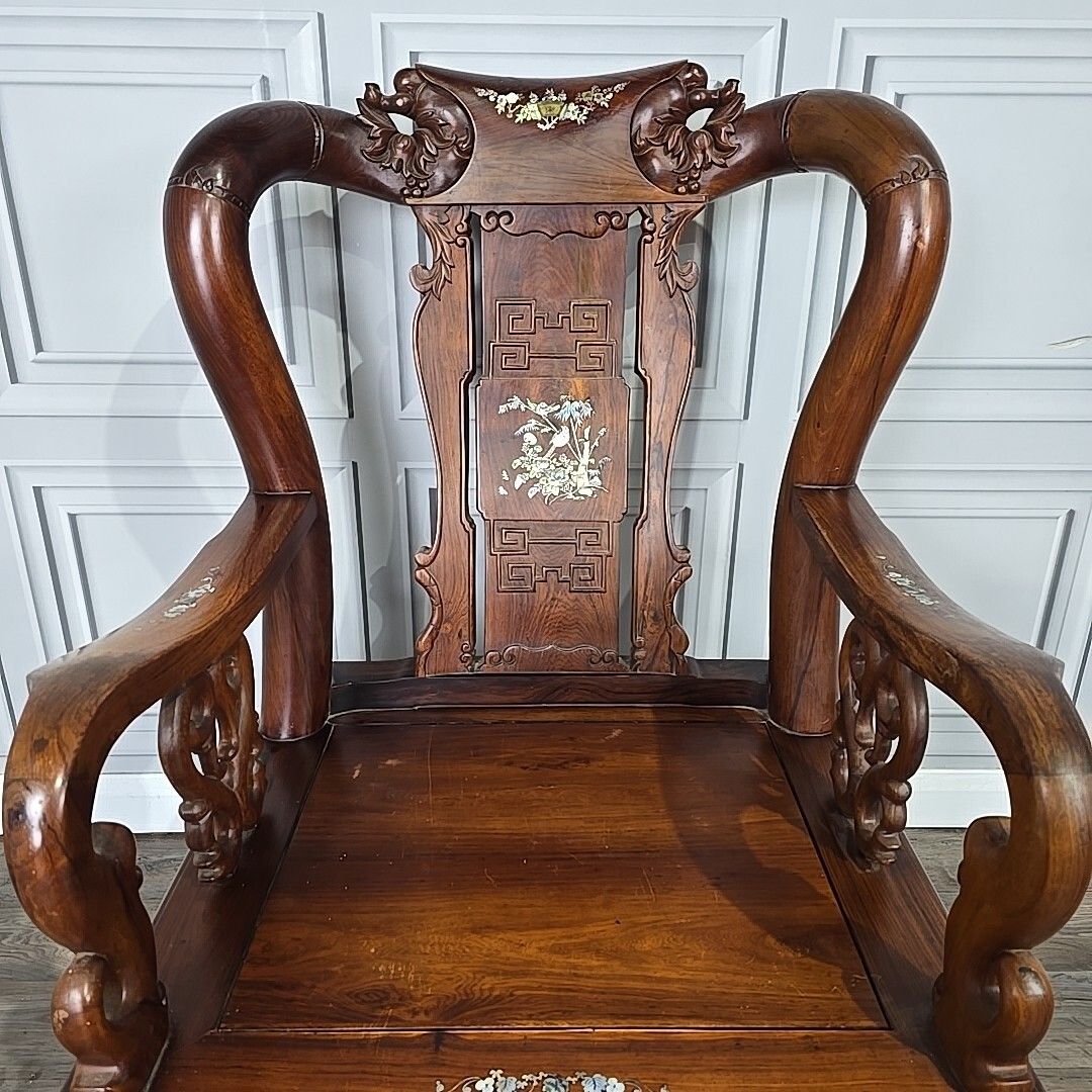 photo buy Antique Chinese Arm Chair Oriental Carved Heavy Rosewood Throne Mother Pearl