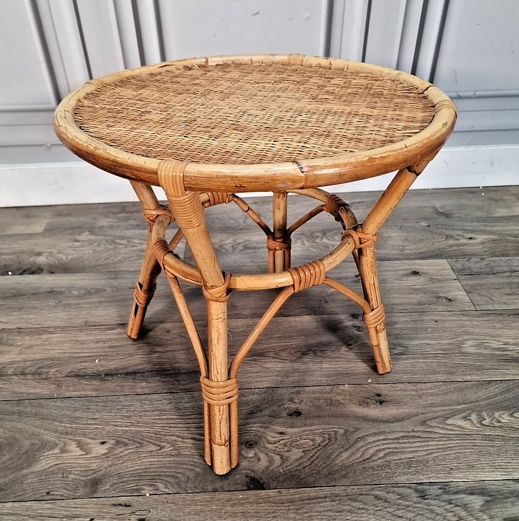 Vintage Rattan Side Table Woven Cane Top Boho Mid Century Retro Bamboo Style Mcm