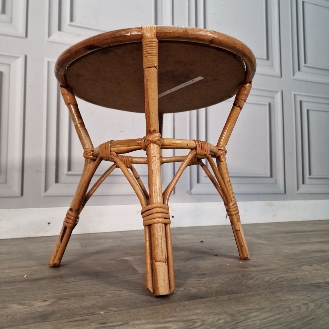 Vintage Rattan Side Table Woven Cane Top Boho Mid Century Retro Bamboo Style Mcm photo furniture