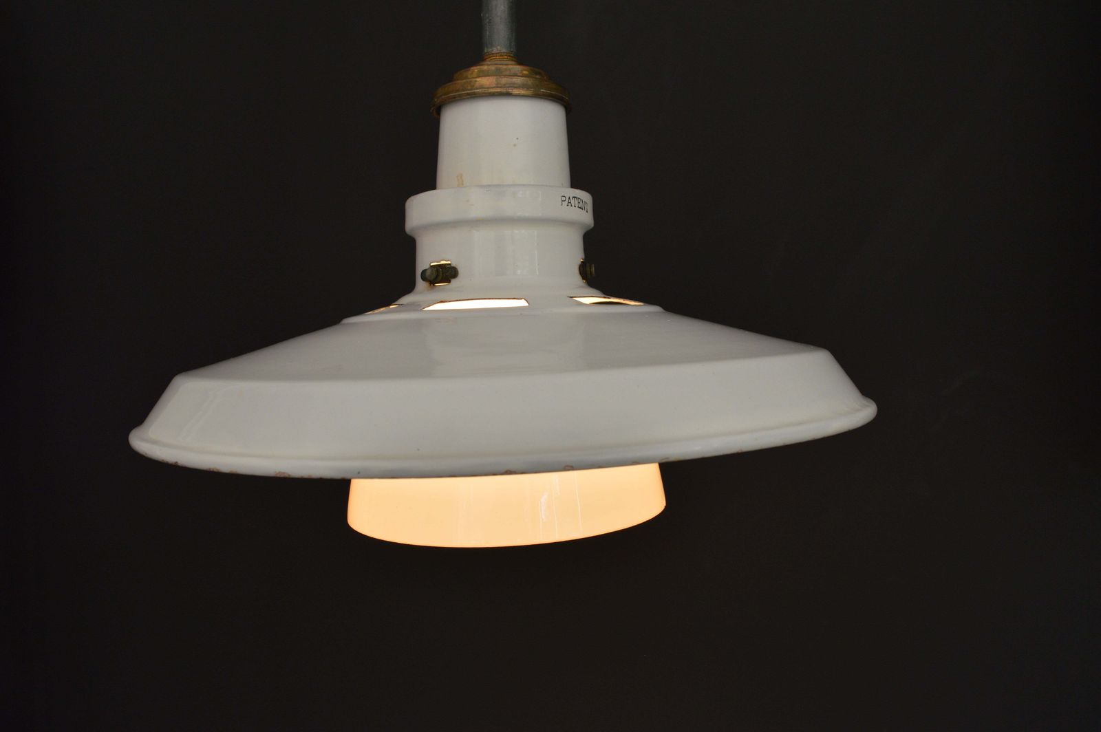 Pair Of 1940s Thorlux Industrial White Enamel Pendant Lights With Opaline Glass Shades photo furniture