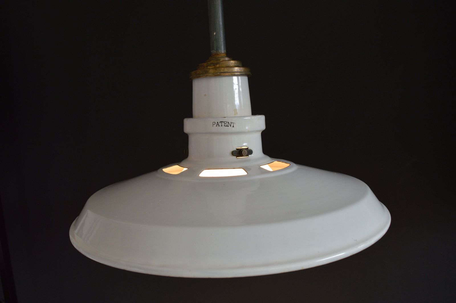 Pair Of 1940s Thorlux Industrial White Enamel Pendant Lights With Opaline Glass Shades photo buy