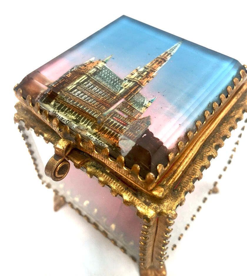 Antique Brussels Souvenir Miniature Casket / Glass Ring Box / Jewellery Box photo for sale