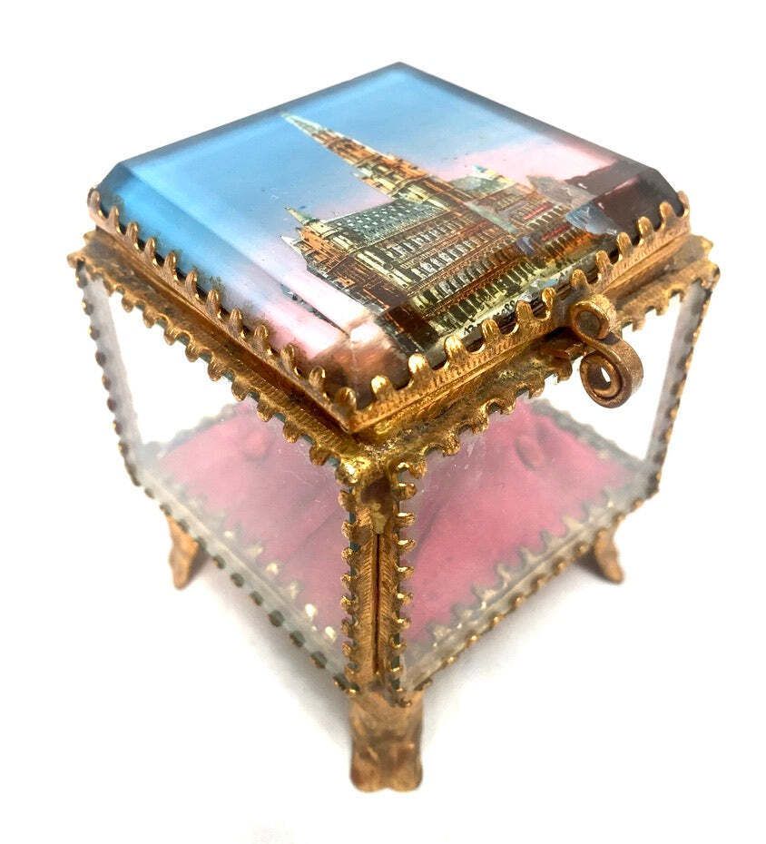 Antique Brussels Souvenir Miniature Casket / Glass Ring Box / Jewellery Box photo 75.0