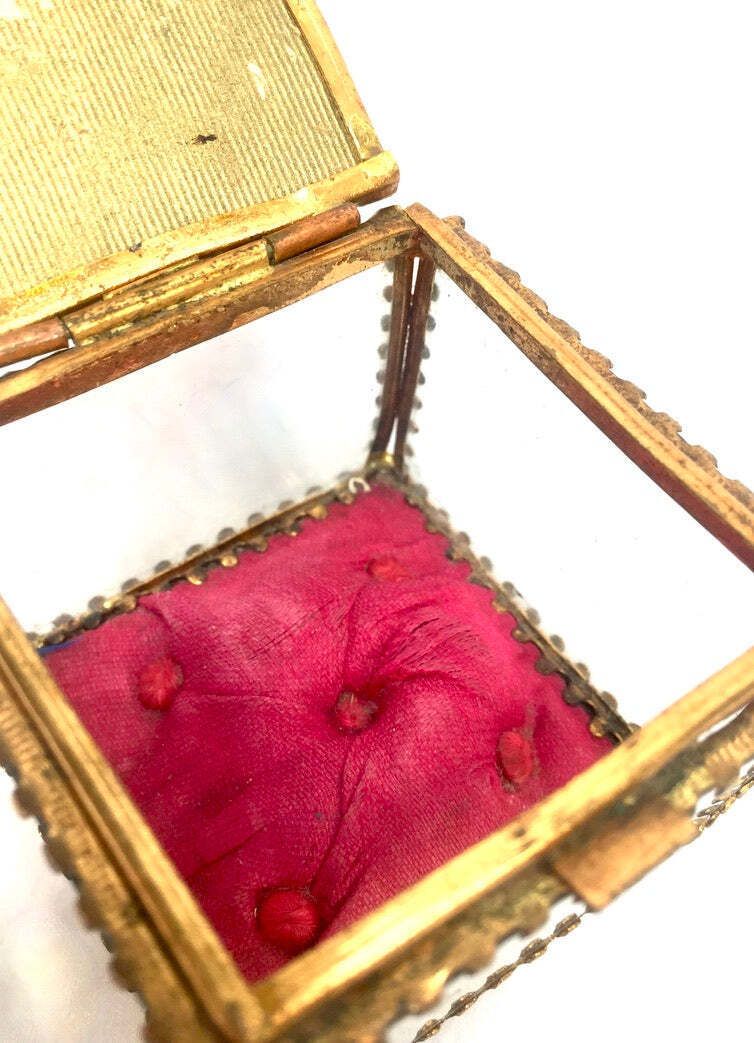 Antique Brussels Souvenir Miniature Casket / Glass Ring Box / Jewellery Box photo vinterior
