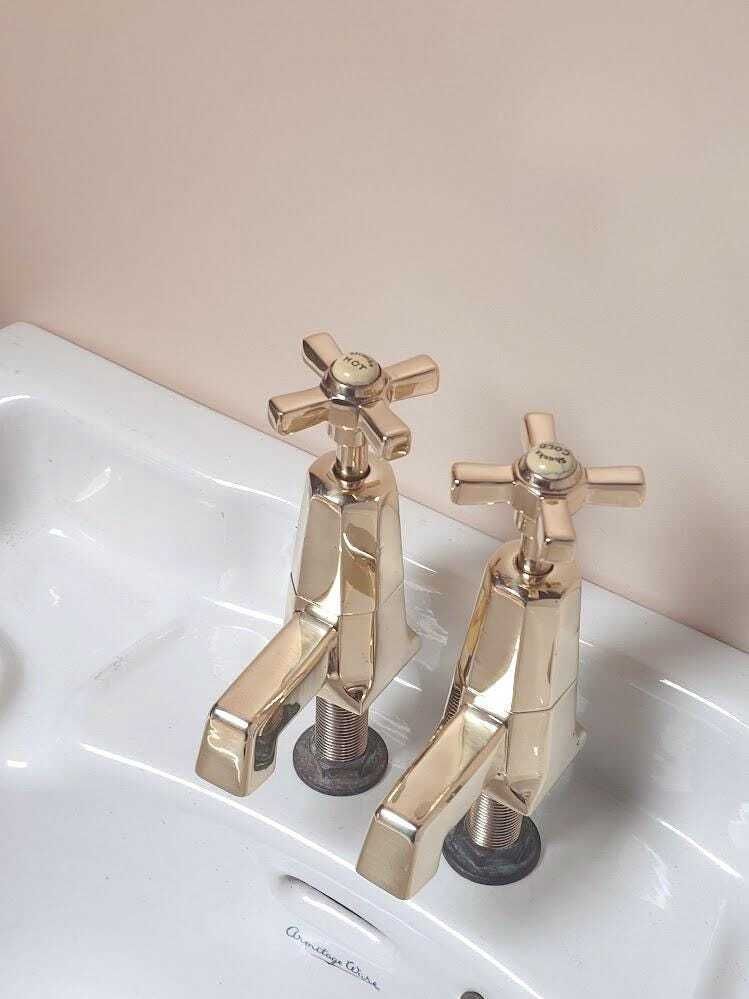 Pair Of Original Art Deco Basin Taps, Polished Brass Sink Faucets, 1920s Basin Taps, Overhauled And Ready To Fit photo furniture