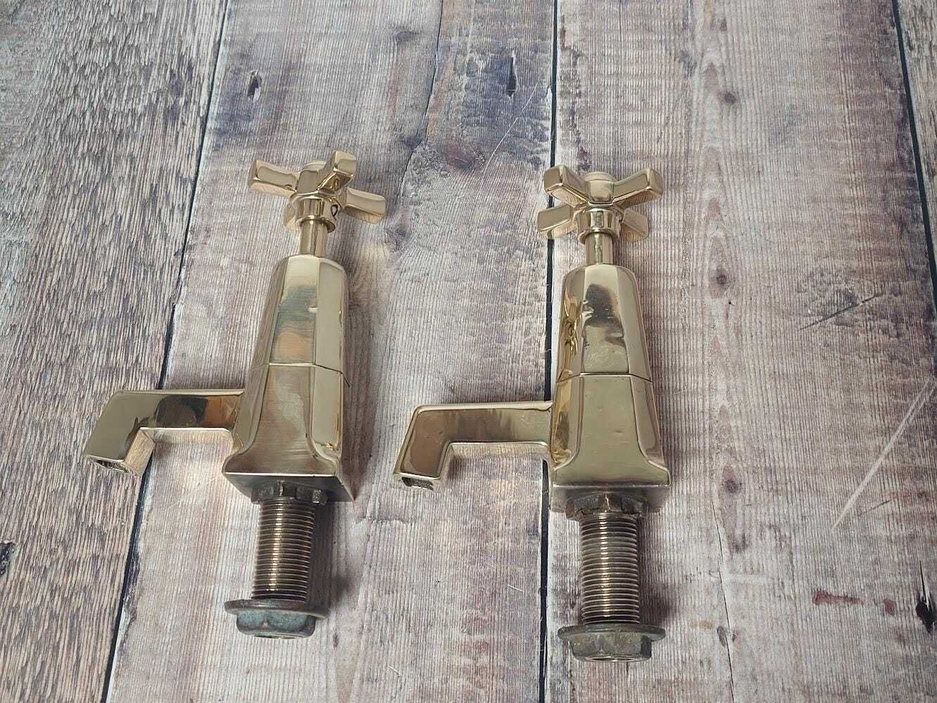 Home Decor Pair Of Original Art Deco Basin Taps, Polished Brass Sink Faucets, 1920s Basin Taps, Overhauled And Ready To Fit photo