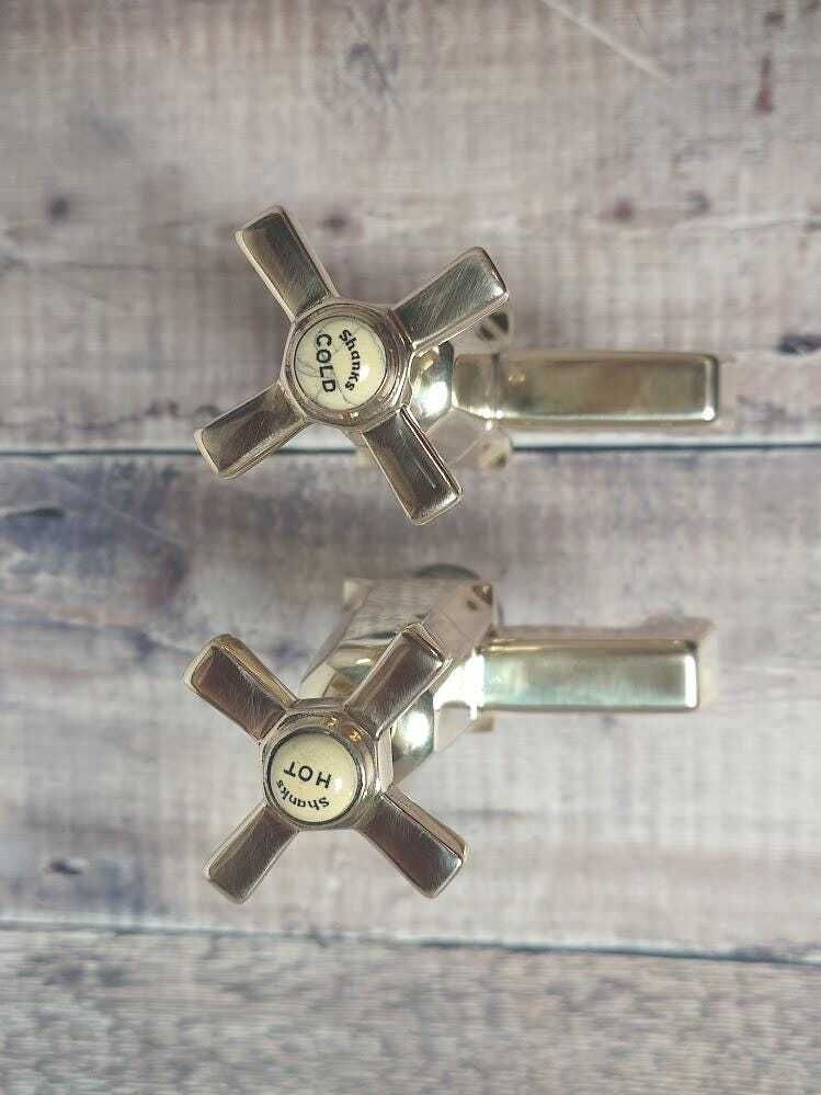 photo vinterior Pair Of Original Art Deco Basin Taps, Polished Brass Sink Faucets, 1920s Basin Taps, Overhauled And Ready To Fit