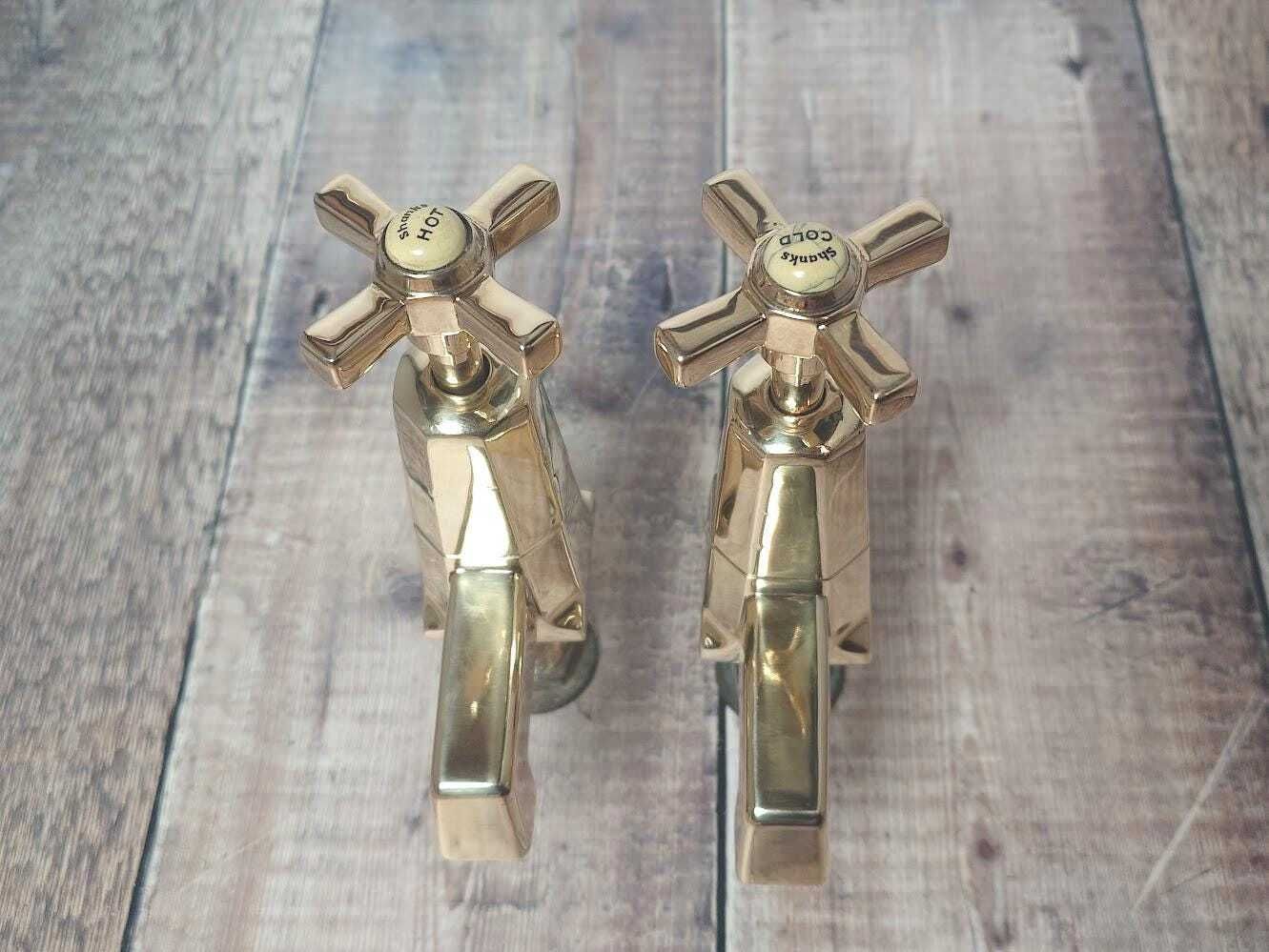 photo buy Pair Of Original Art Deco Basin Taps, Polished Brass Sink Faucets, 1920s Basin Taps, Overhauled And Ready To Fit