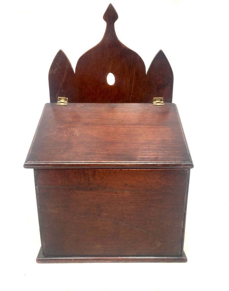 Antique Gothic Revival Wooden Salt / Candle Box / C.1900 Wall Hanging / Tabletop photo for sale