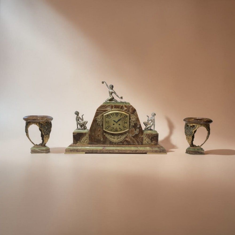 Art Deco French Clock With Its Pair Of Matching Garnitures