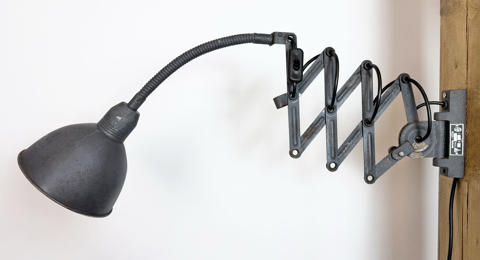 Grey Industrial Gooseneck Scissor Wall Lamp From Elektroinstala, 1960s photo for sale