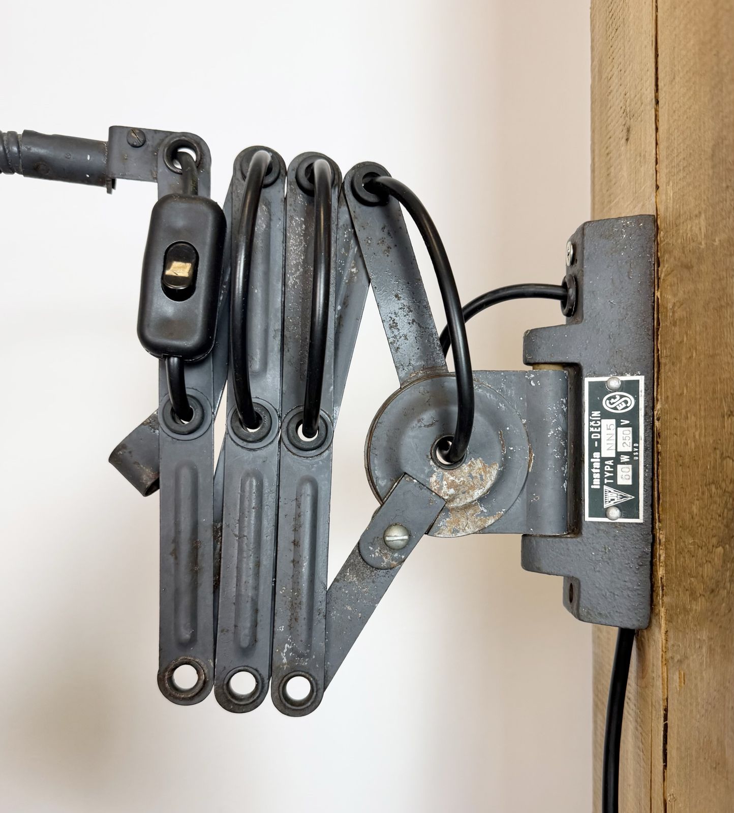 photo for sale Grey Industrial Gooseneck Scissor Wall Lamp From Elektroinstala, 1960s