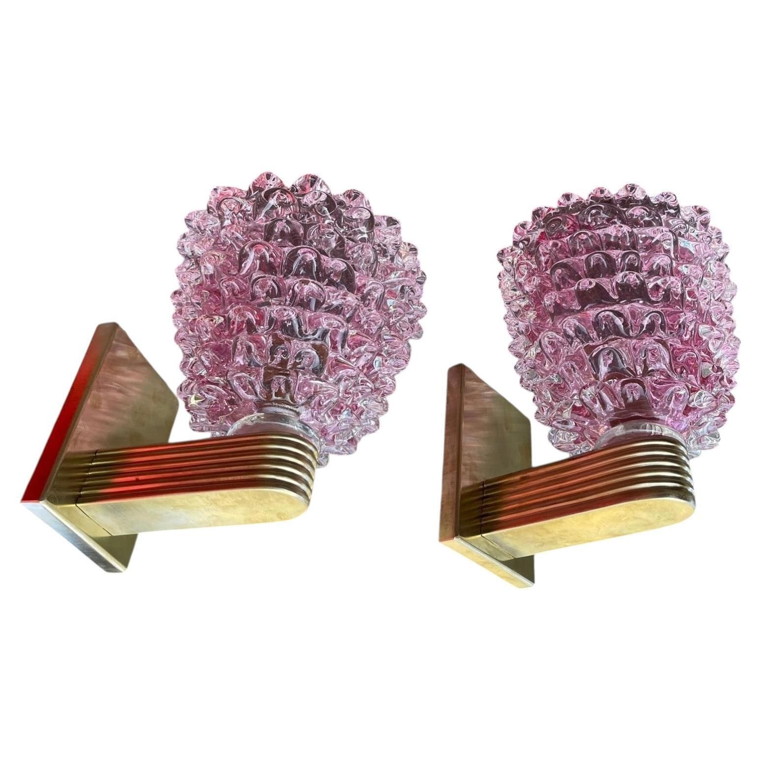 Two 1990s Barovier Style Art Deco Rostrato Pink Murano Glass Wall Sconces photo for sale