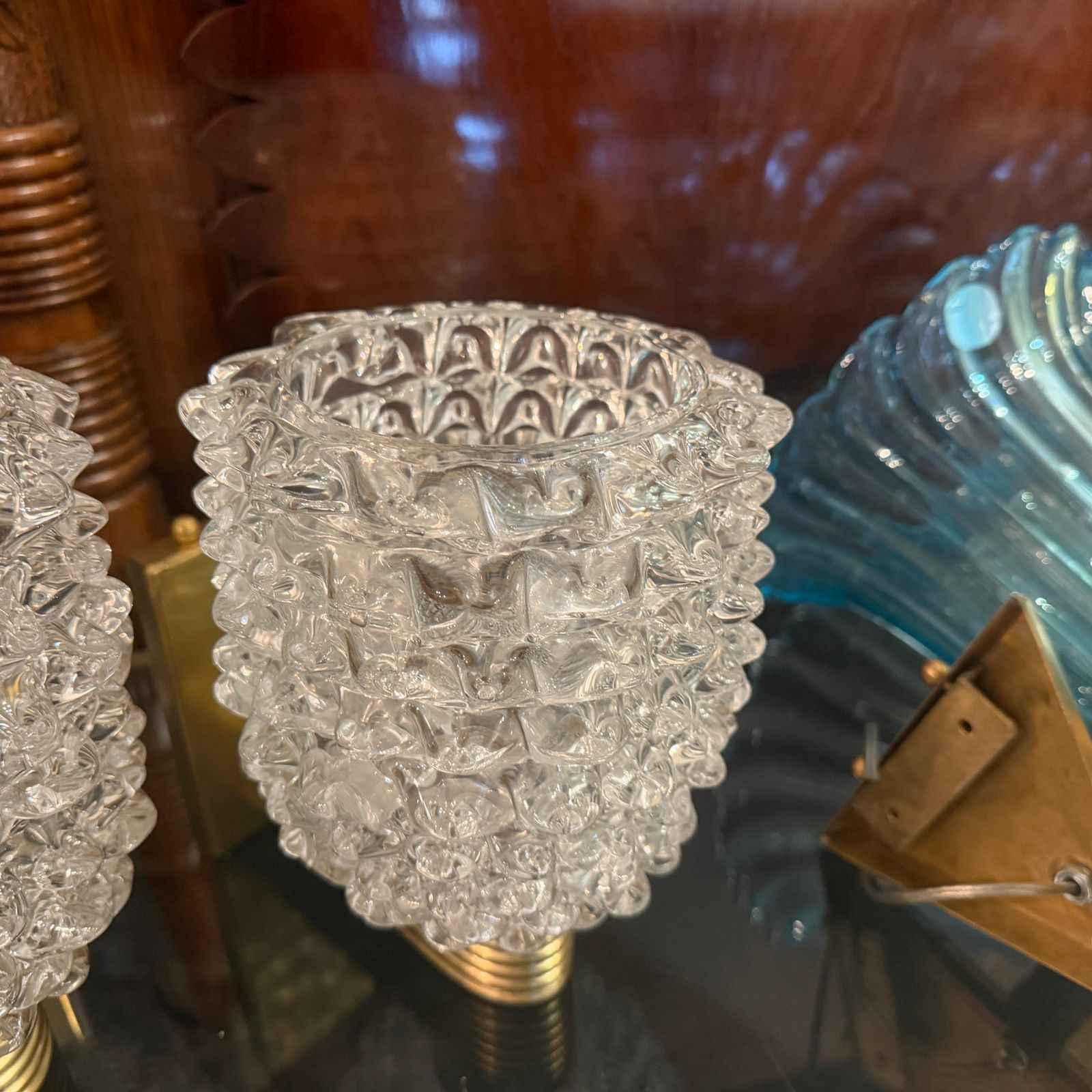 Two 1990 Barovier Style Mid Century Modern Brass And Rostrato Glass Wall Sconces photo for sale