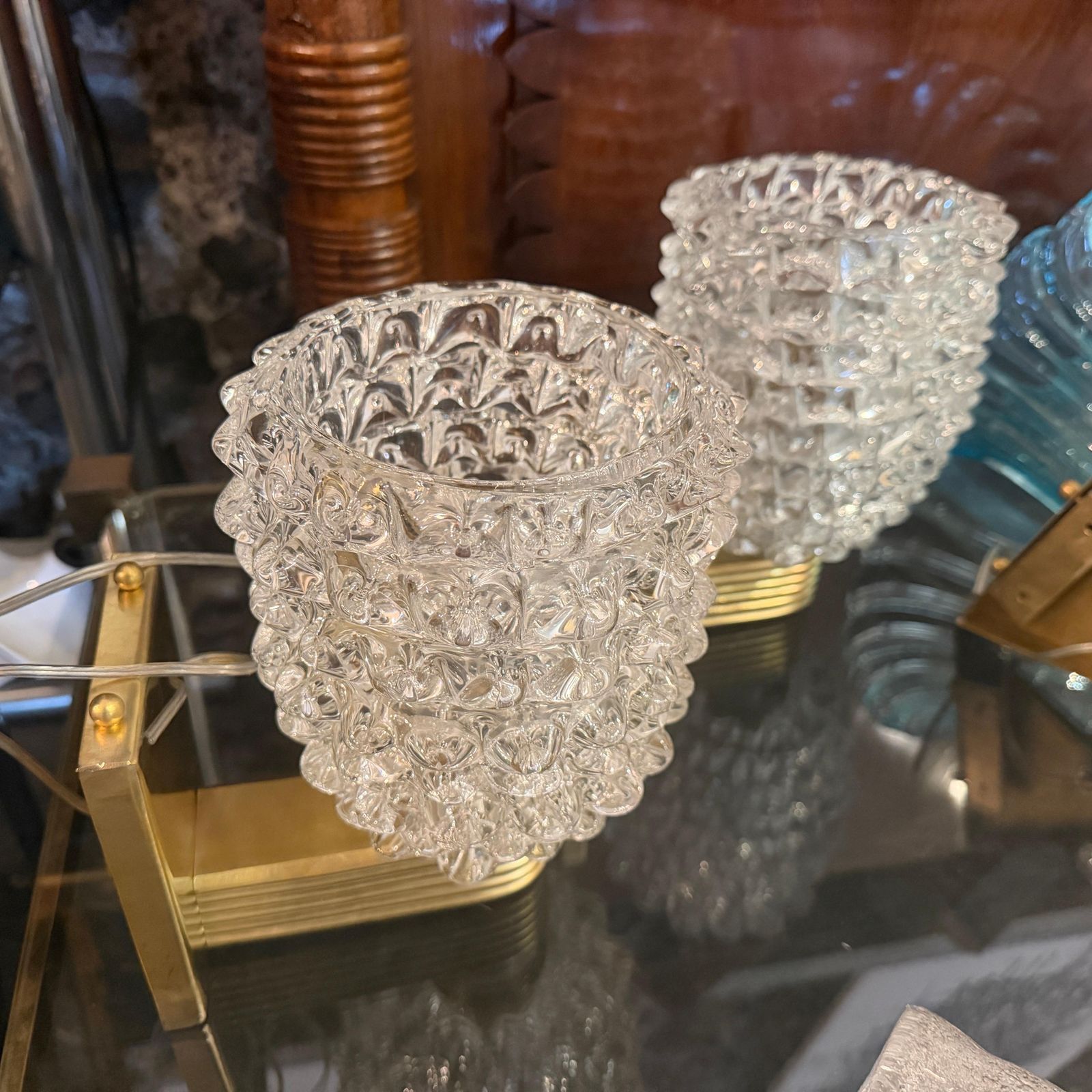 Two 1990 Barovier Style Mid Century Modern Brass And Rostrato Glass Wall Sconces photo 2880.0