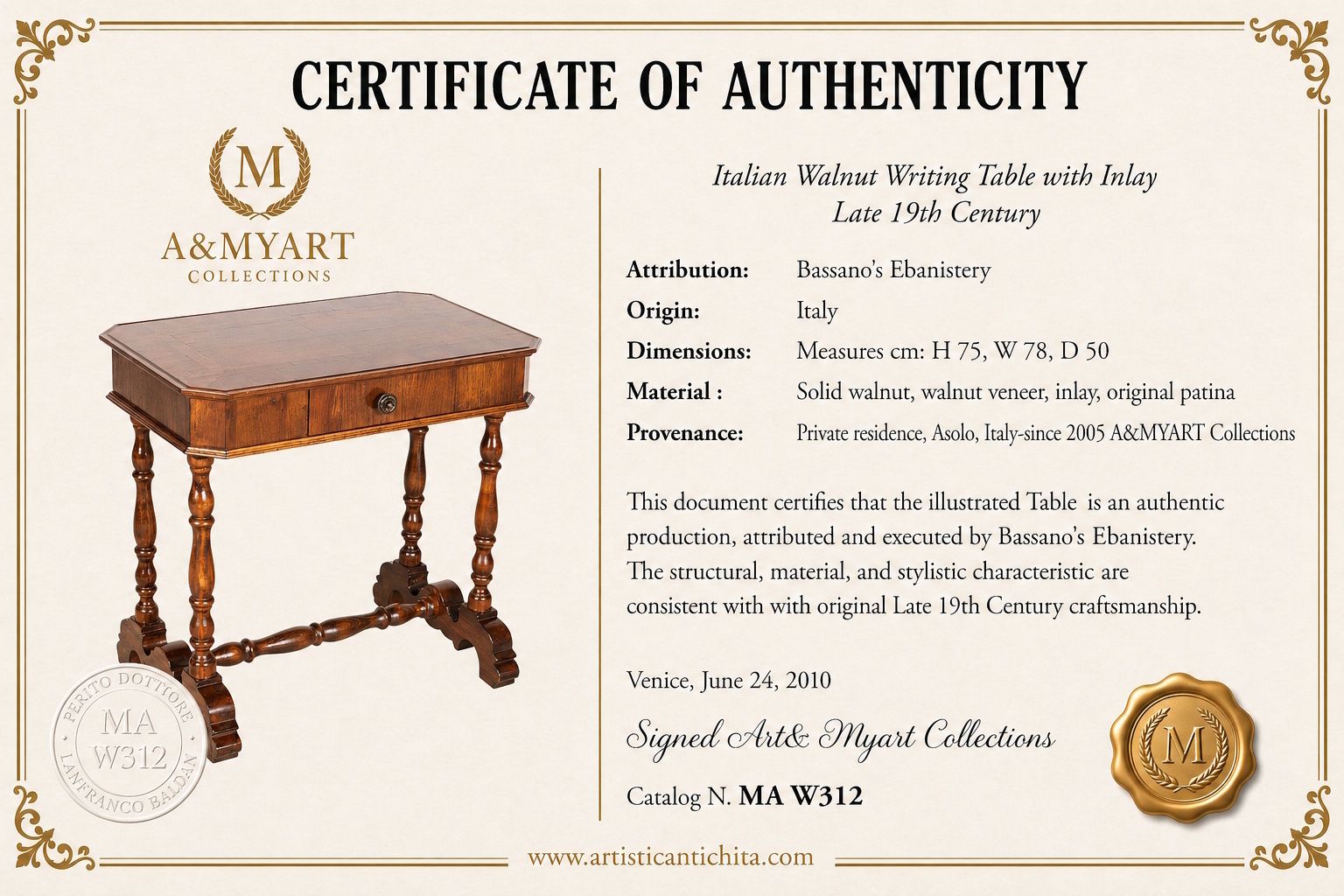 19th Century Italian Walnut Writing Table With Inlay, Single Drawer, Asolo Provenance photo 3200.0