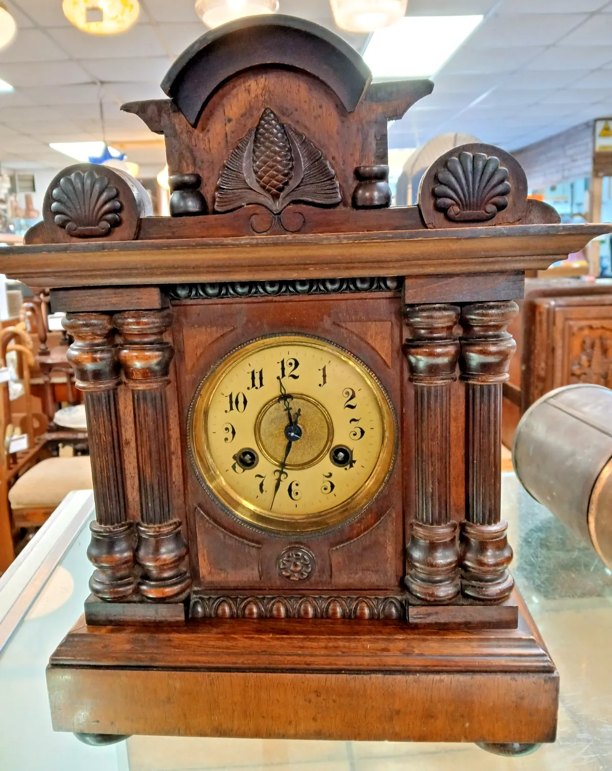 Late 19th Century 8 Day Hand Carved Mantel Clock By Junghans W/O