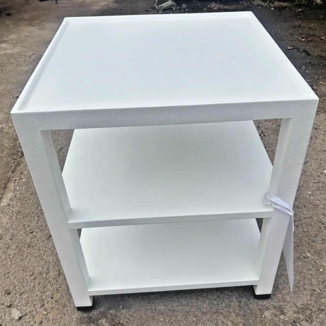 Made Goods Jarin Designer White Side Table With Faux Belgian Linen Finish photo for sale
