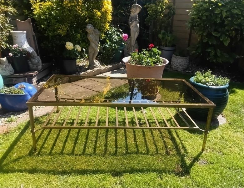 Big, Big Reduction.....Magnificent Vintage Brass Framed, Smoke Glass Top, Coffee Table. photo for sale
