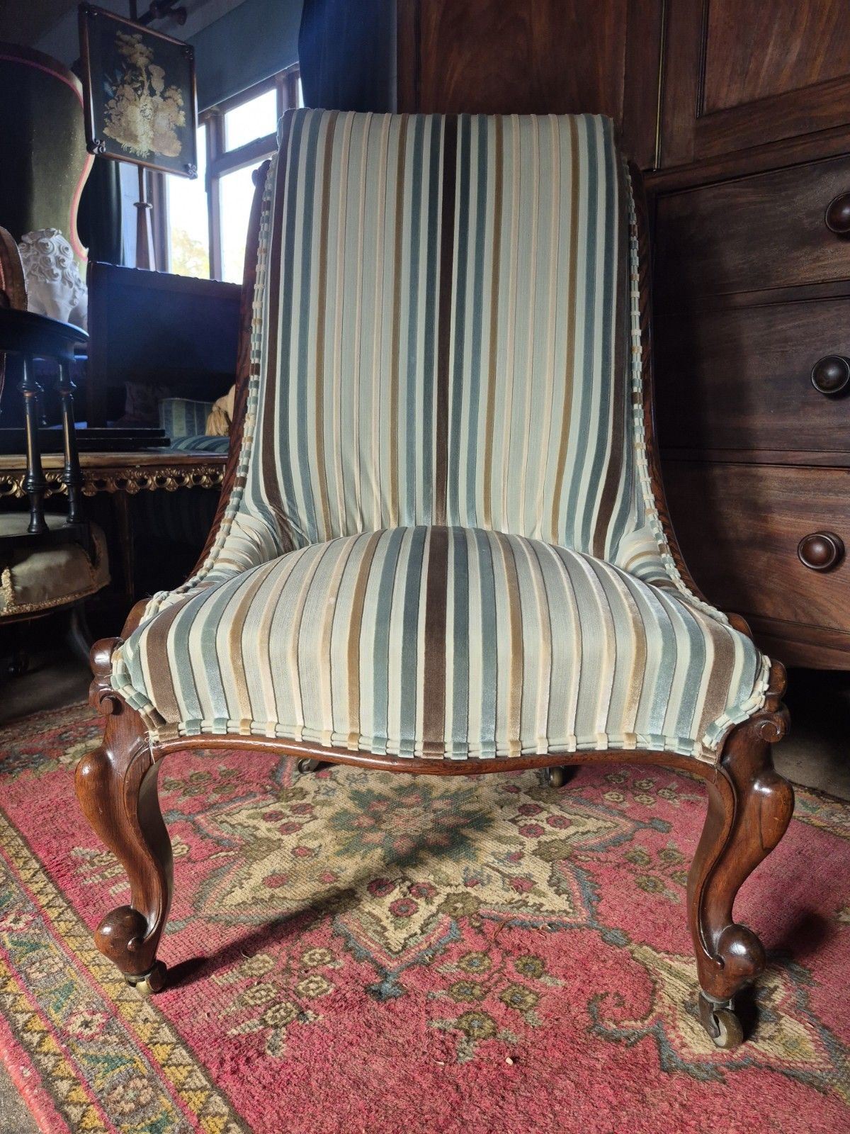 235.0 Fabulous Victorian Vintage Stripey Velvet Zebra Wood Scrollback Slipper Armchair photo