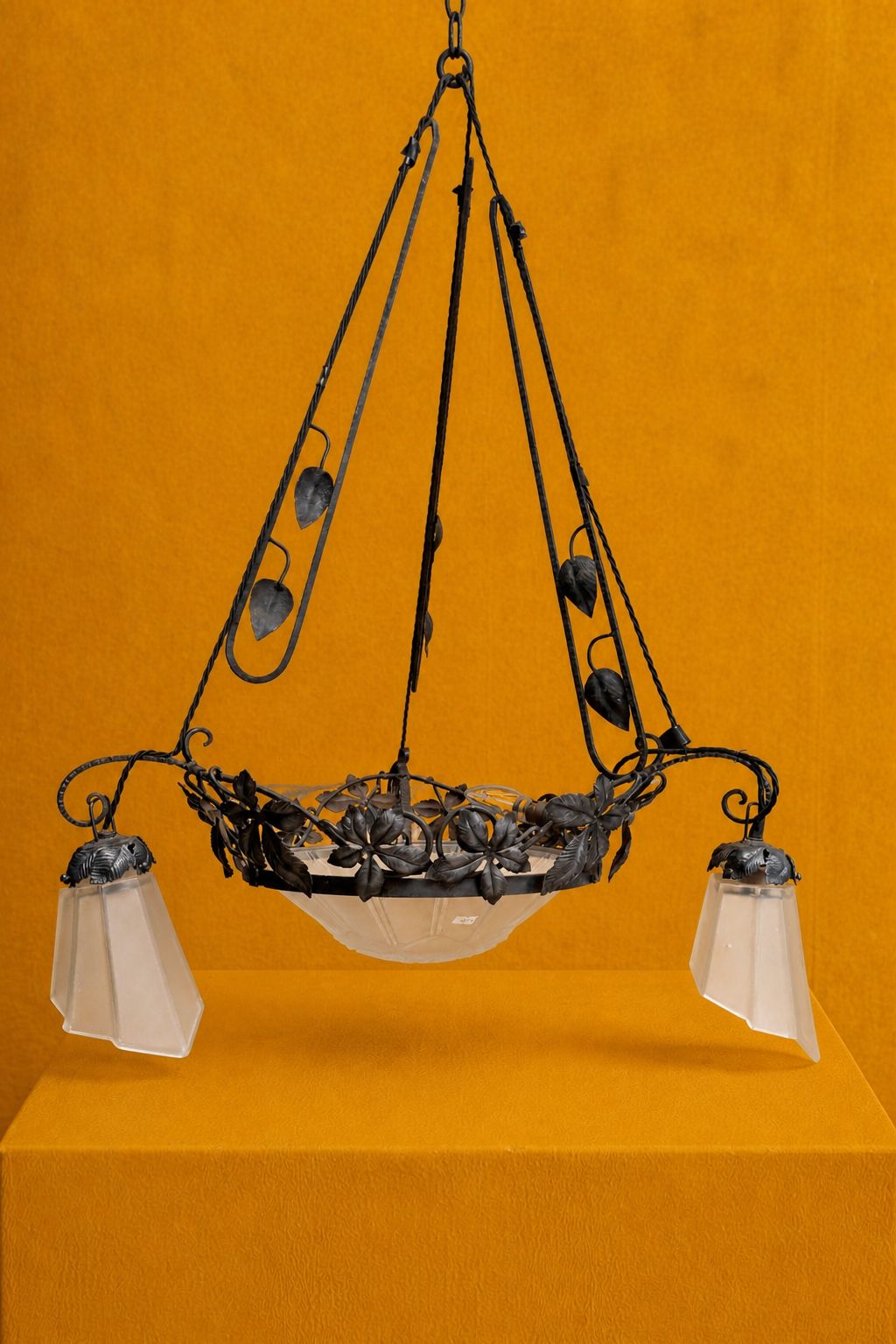 1920s Genet & Michon French Art Nouveau Wrought Iron And Frosted Glass Chandelier