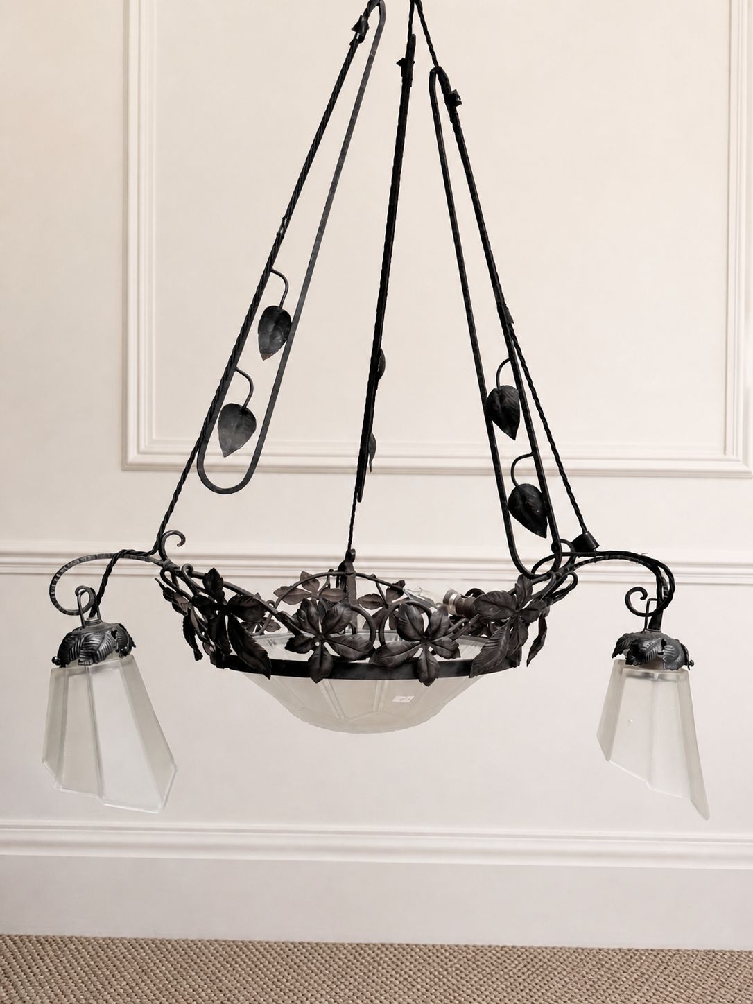 1920s Genet & Michon French Art Nouveau Wrought Iron And Frosted Glass Chandelier photo furniture