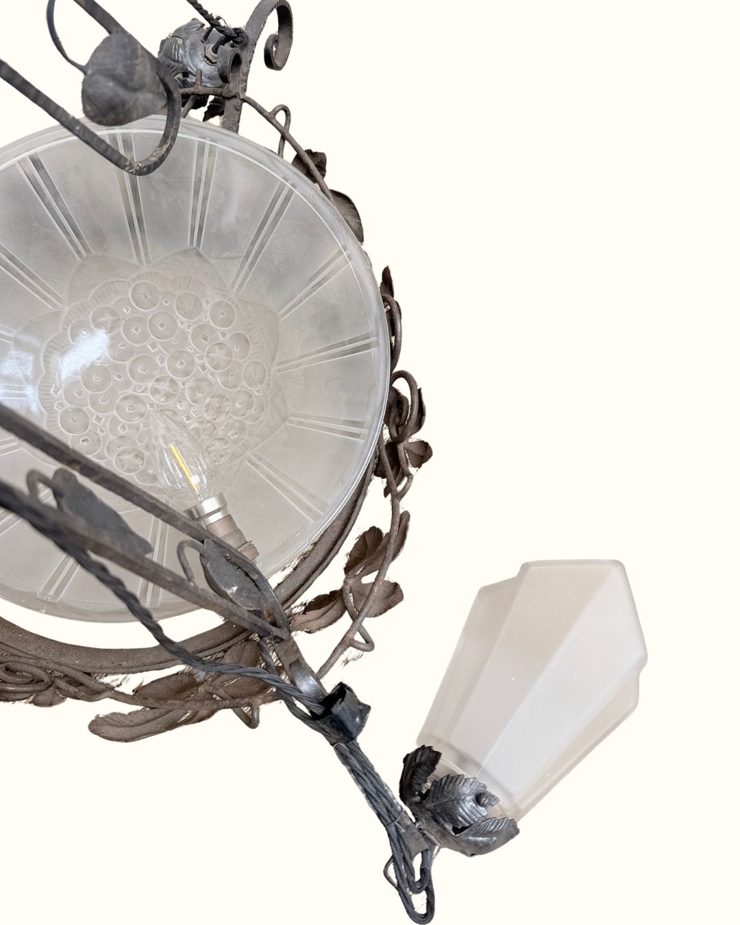 1920s Genet & Michon French Art Nouveau Wrought Iron And Frosted Glass Chandelier photo for sale