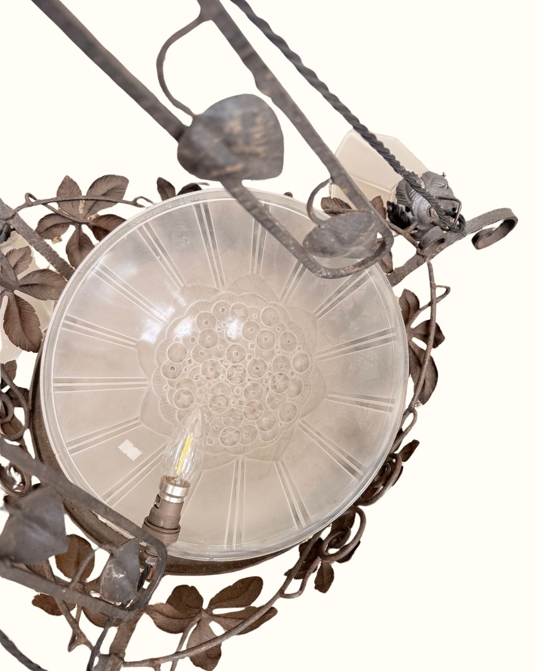 1920s Genet & Michon French Art Nouveau Wrought Iron And Frosted Glass Chandelier photo Lighting