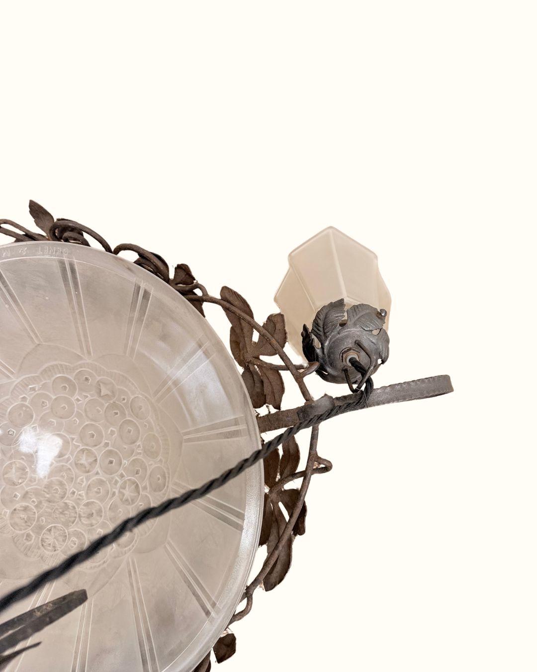 1920s Genet & Michon French Art Nouveau Wrought Iron And Frosted Glass Chandelier photo vinterior