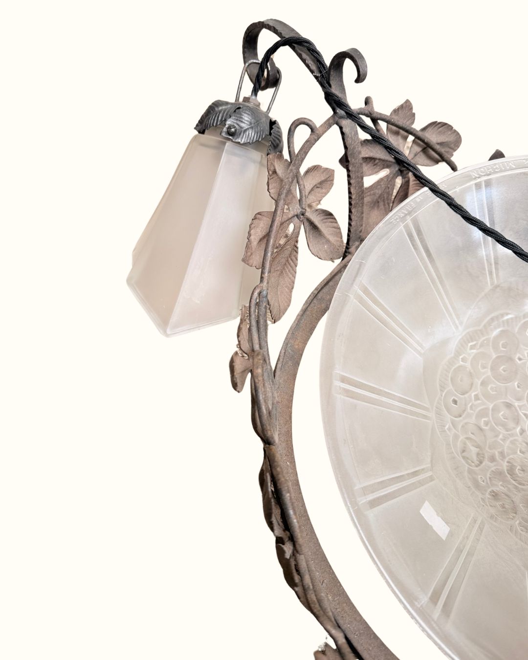 1920s Genet & Michon French Art Nouveau Wrought Iron And Frosted Glass Chandelier photo vintage