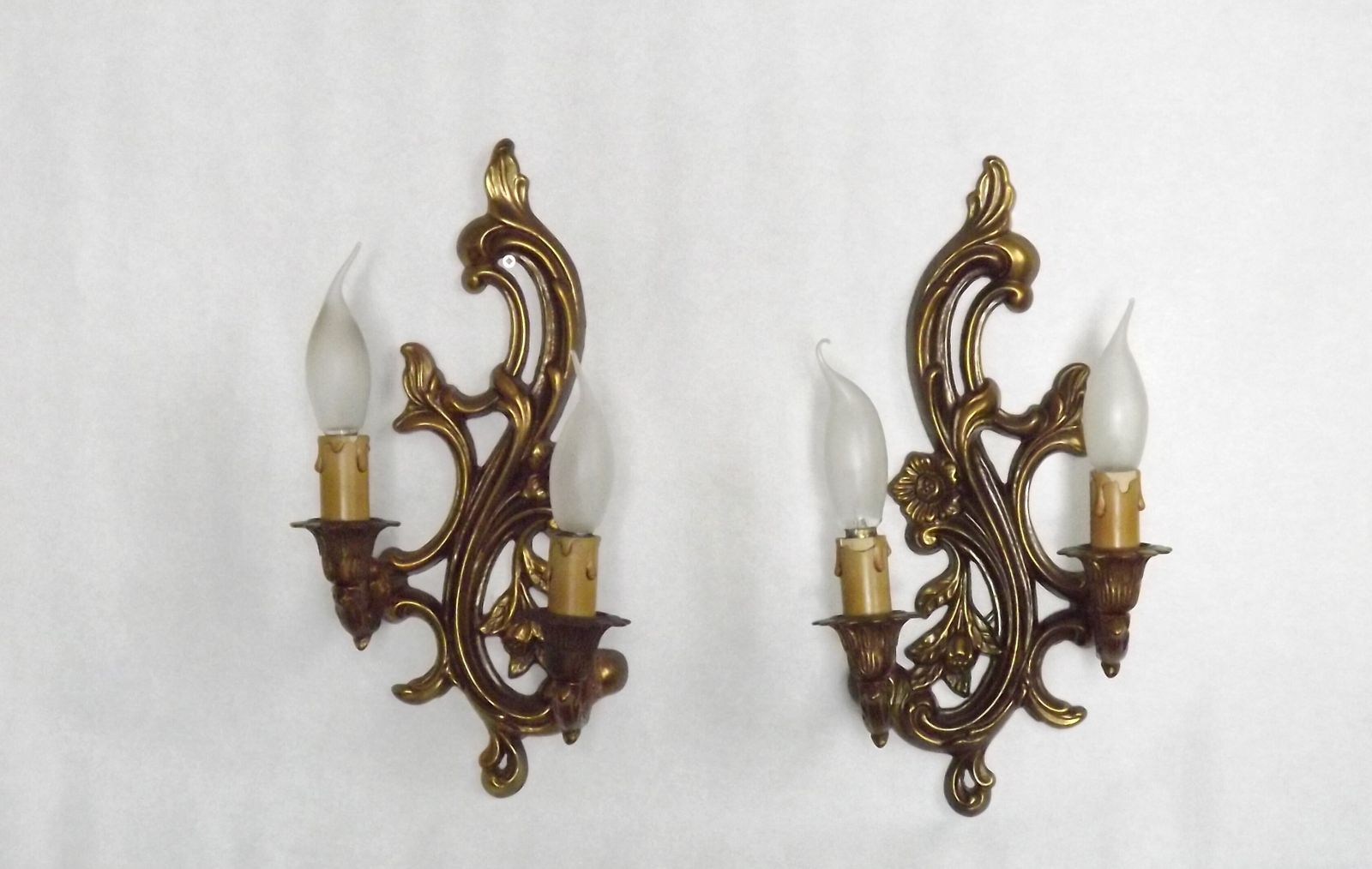 Pair French Mid Century Bronze Double Wall Lights With Acanthus Leaf & Flower Detail photo furniture