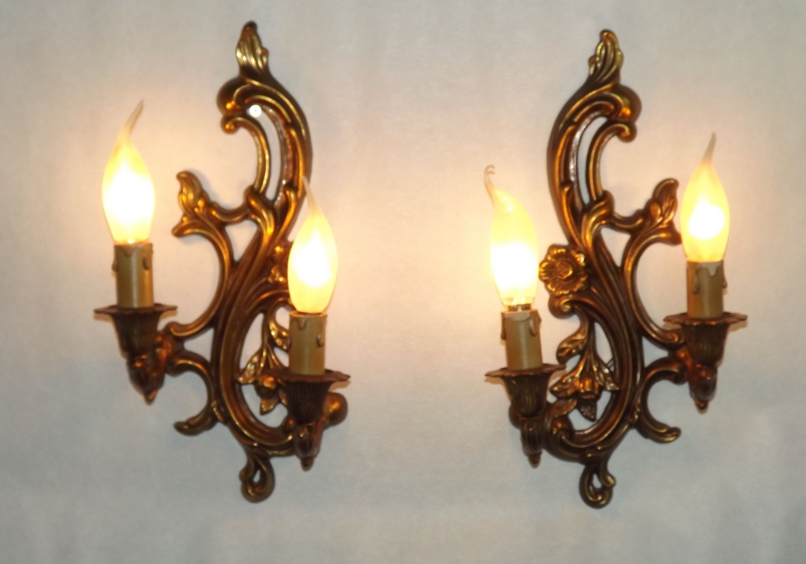 Pair French Mid Century Bronze Double Wall Lights With Acanthus Leaf & Flower Detail photo 195.0