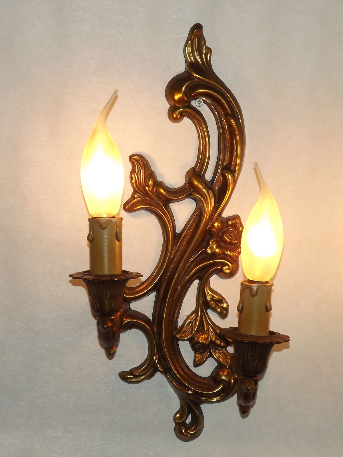 Lighting Pair French Mid Century Bronze Double Wall Lights With Acanthus Leaf & Flower Detail photo