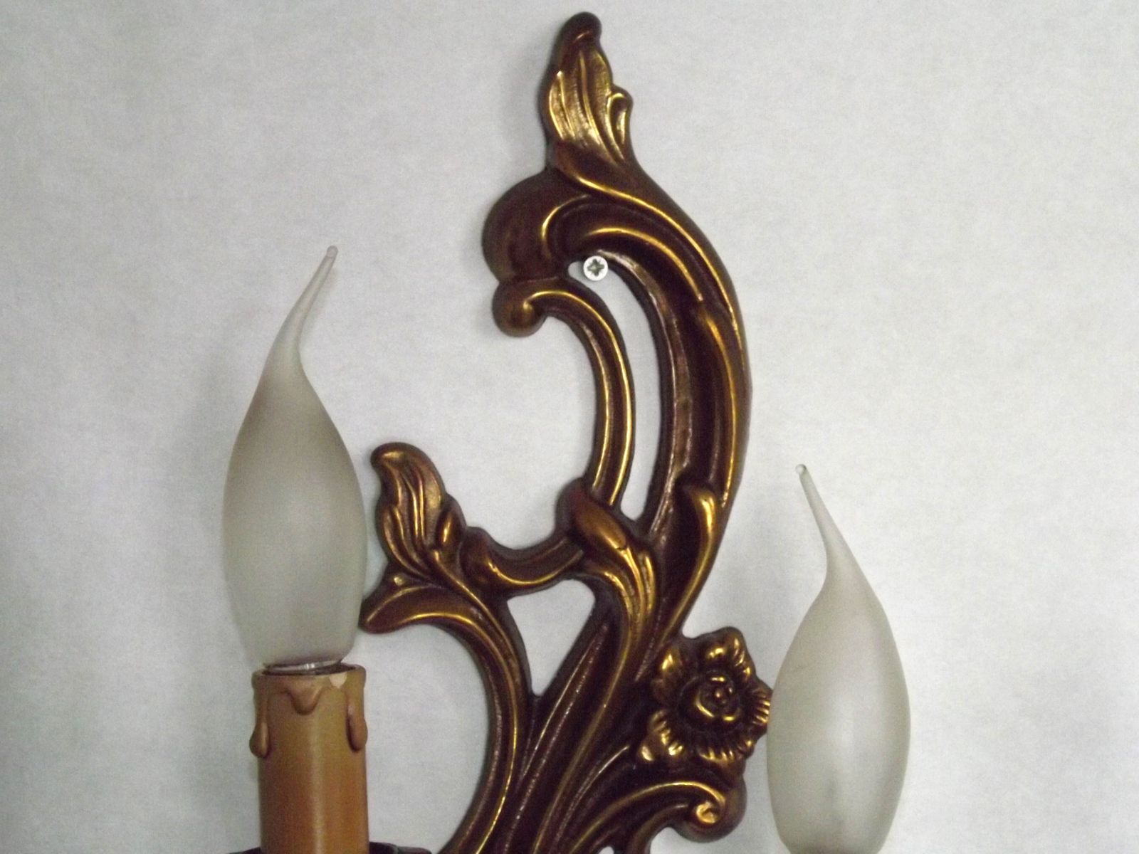 photo vinterior Pair French Mid Century Bronze Double Wall Lights With Acanthus Leaf & Flower Detail