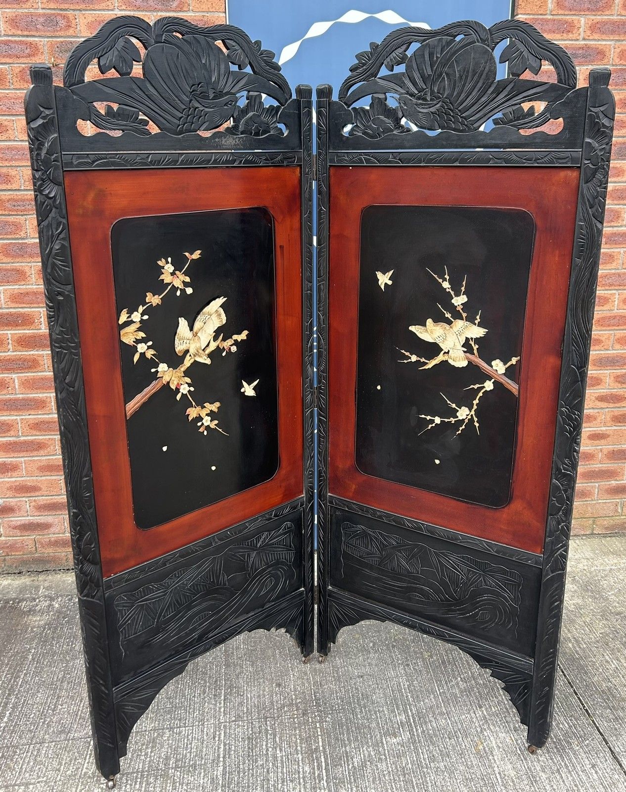 photo furniture Antique Japanese Dress Screen Divider Hand Painted & Carved Birds Meiji Period