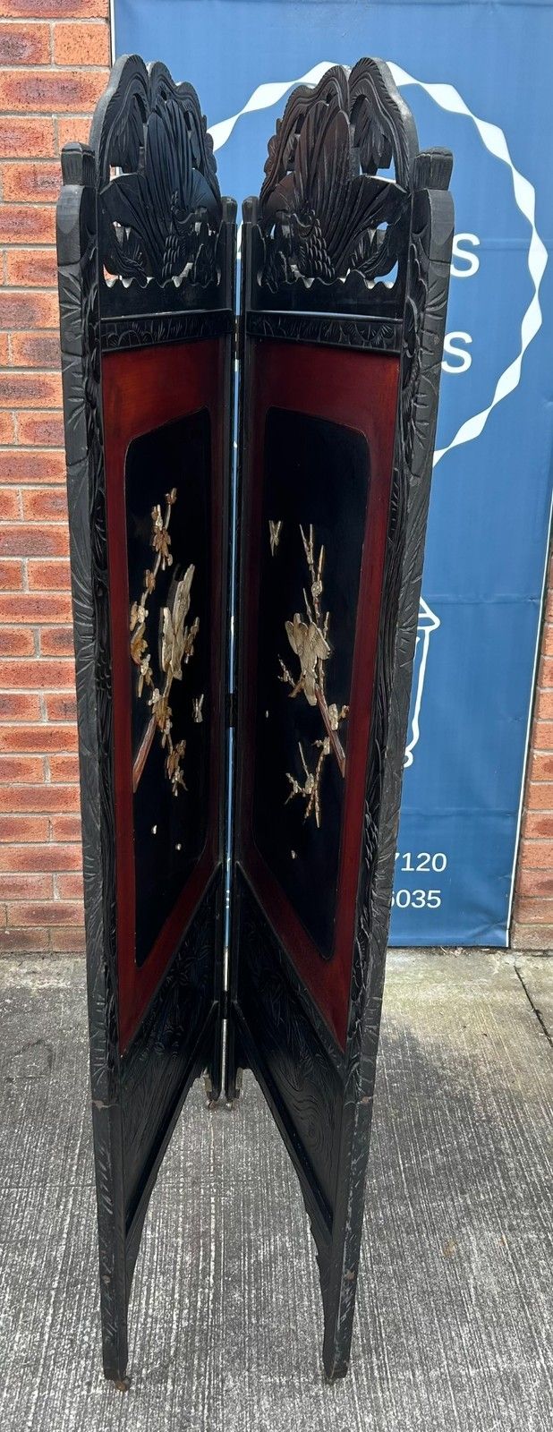 photo vinterior Antique Japanese Dress Screen Divider Hand Painted & Carved Birds Meiji Period
