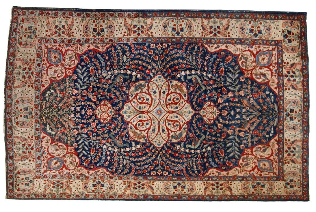 Handmade Antique Wool Rug With Floral Medallion & Birds — 190 × 292 Cm — 1920s photo furniture