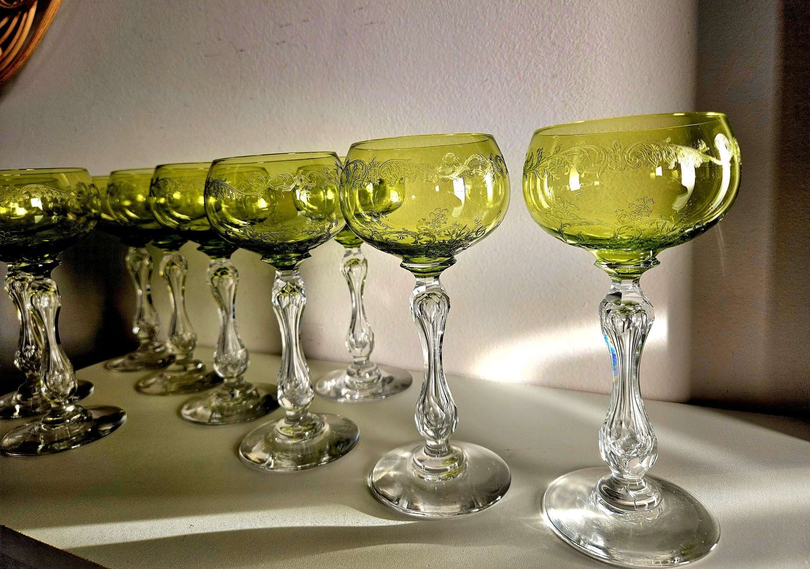 Pair Of Antique, Uranium St Louis French Crystal Hock Glasses In Lime Green photo furniture