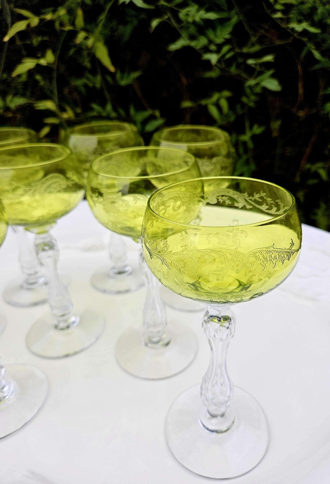 photo for sale Pair Of Antique, Uranium St Louis French Crystal Hock Glasses In Lime Green