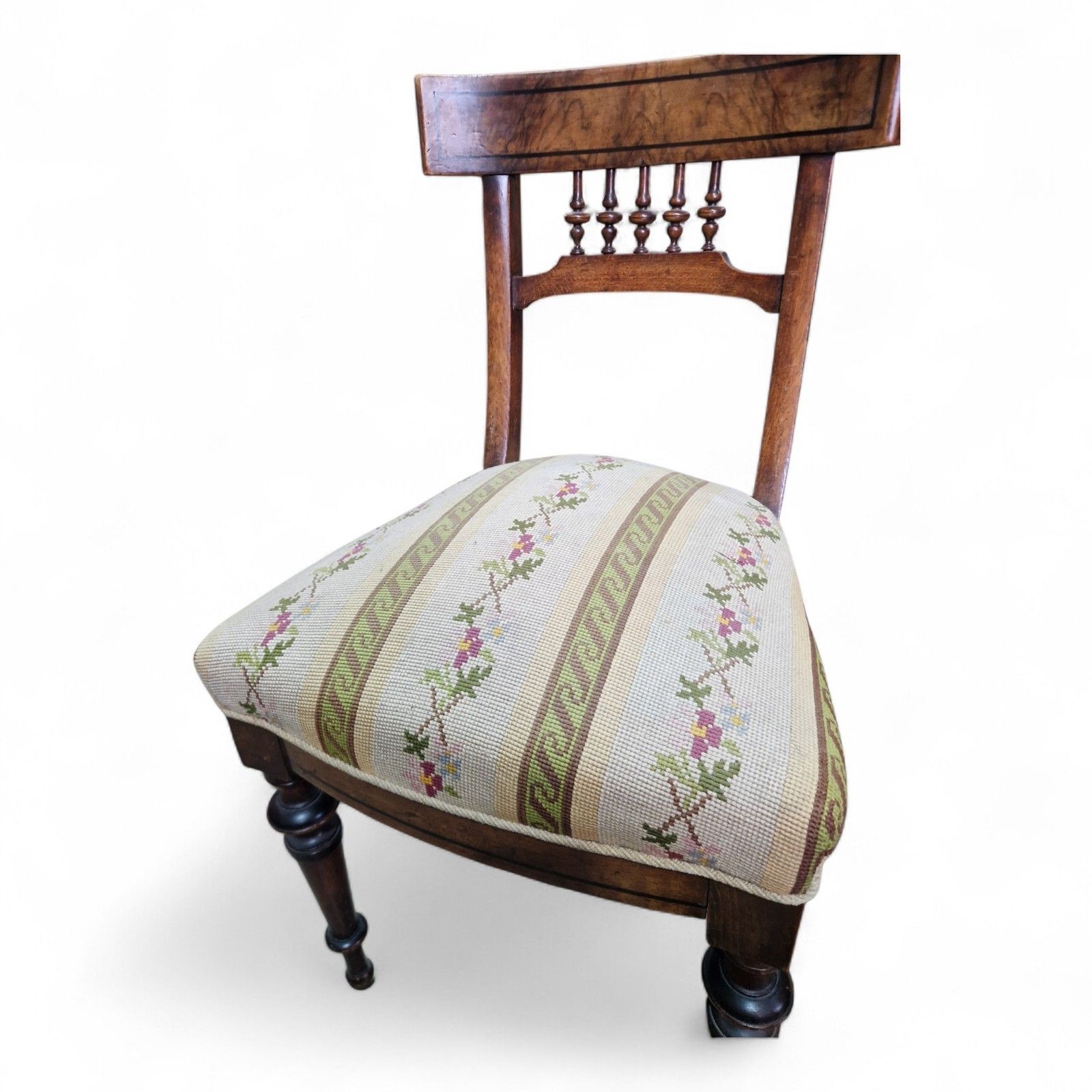 Antique Victorian Walnut Chair Continental Spindle Back Embroidered Seat photo buy