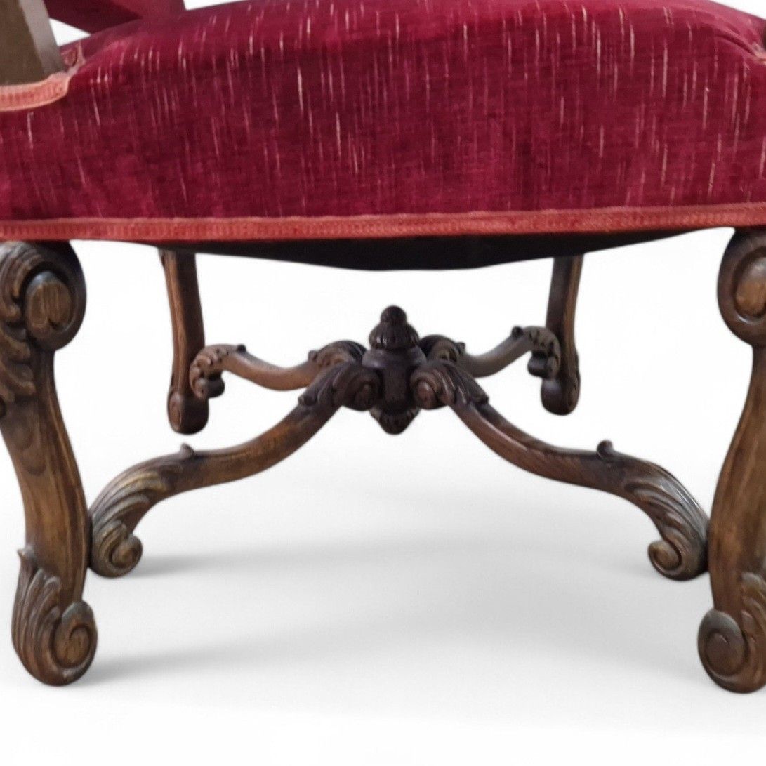 photo furniture Antique Carved Wood Armchair Continental Throne Chair Red Velour Statement Oak