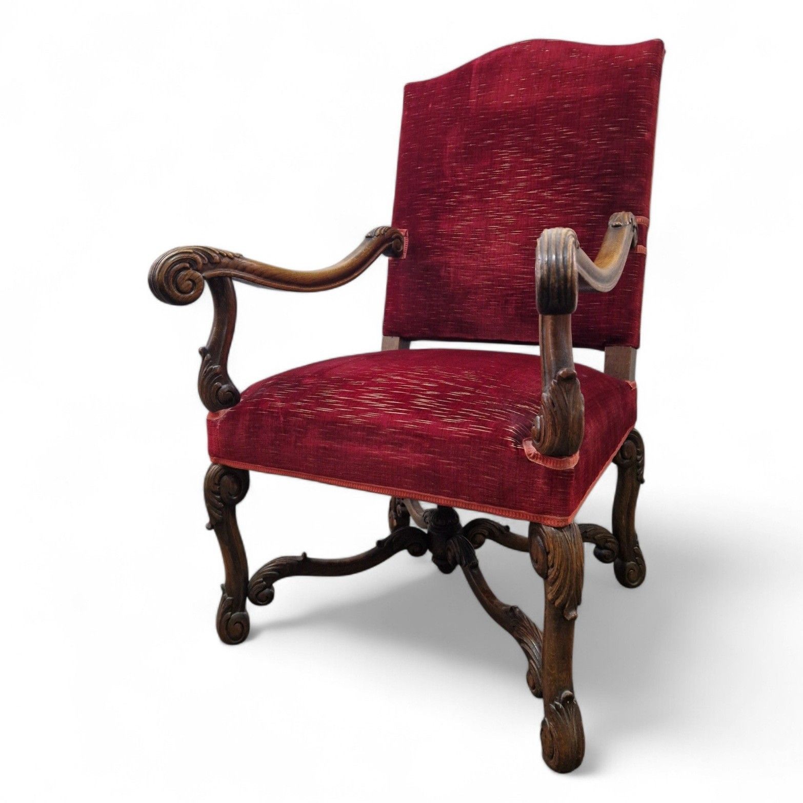 photo vintage Antique Carved Wood Armchair Continental Throne Chair Red Velour Statement Oak