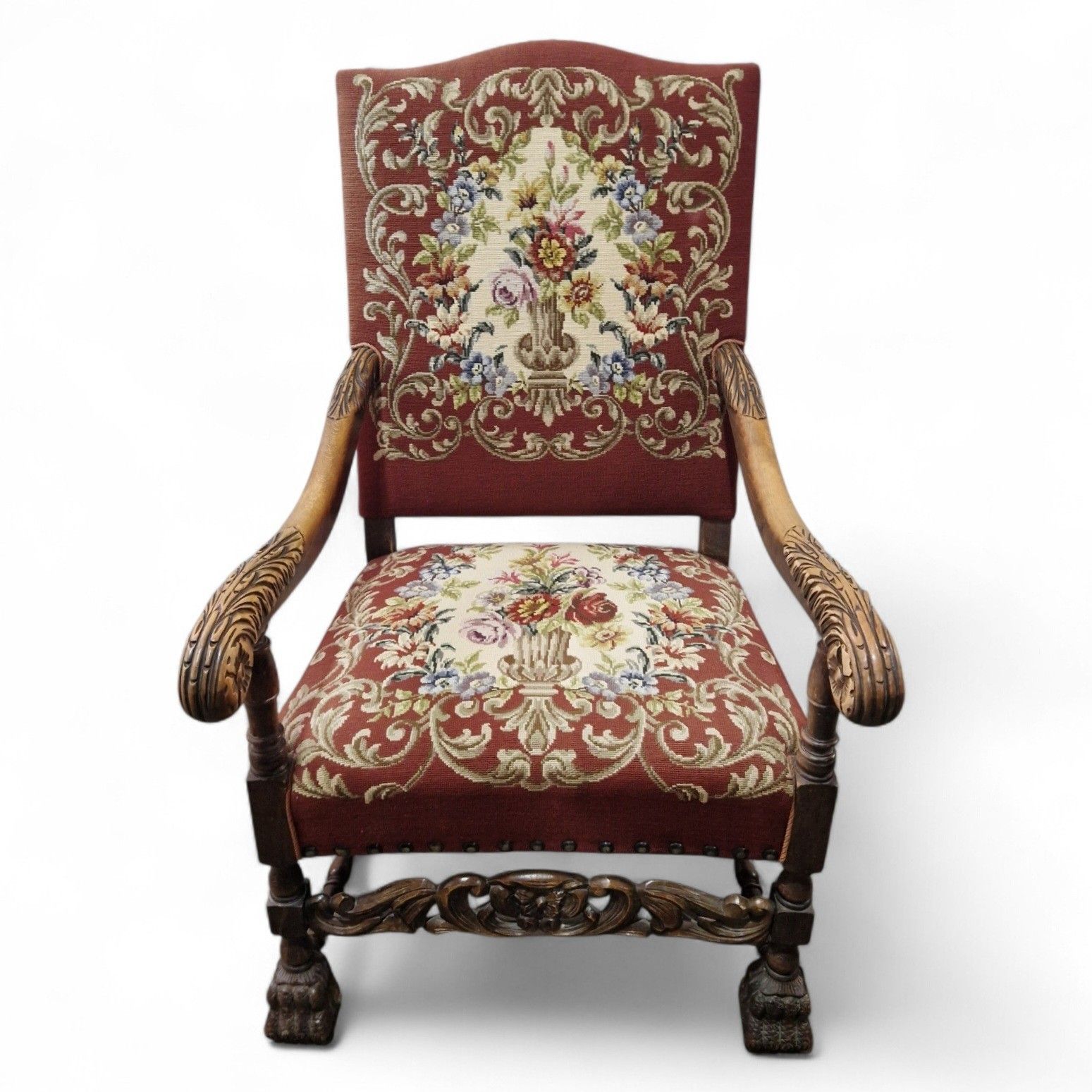 Antique Carved Wood Armchair Continental Oak Throne Chair Large Floral Statement photo furniture