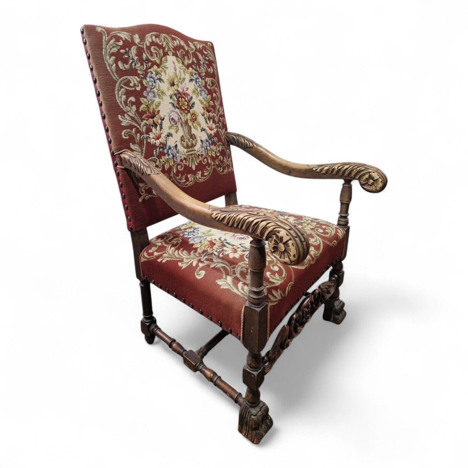 Furniture Antique Carved Wood Armchair Continental Oak Throne Chair Large Floral Statement photo